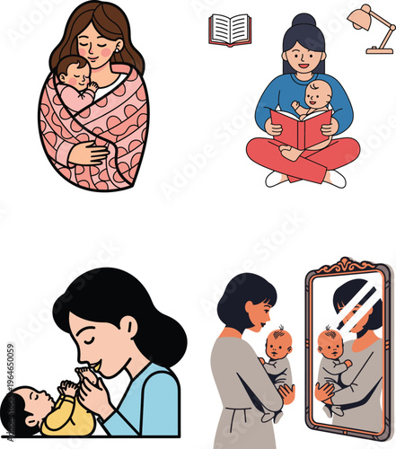 Mother holds baby wrapped in blanket, reading book, kissing feet, mother in mirror.