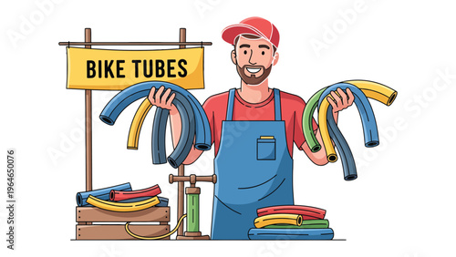 Bike Tubes Salesman: A friendly bicycle repairman proudly displays an array of colorful bike tubes, showcasing his expertise and passion for cycling, and preparing the equipment for customer.