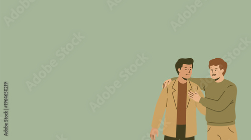 Two male buddies, arm around shoulder, smiling, expressing strong friendship, camaraderie, flat design, muted earth tones, green backdrop, vector illustration, ample copy space.
