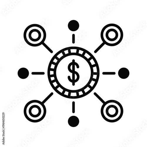 Central hub with dollar sign connected to multiple nodes symbolizing financial networks and data flow between systems