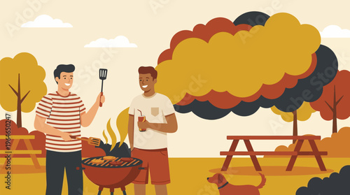 Two cheerful buddies enjoying an outdoor barbecue picnic, grilling food and sharing drinks in a friendly summer gathering, rendered with modern flat design and warm earthy colors.