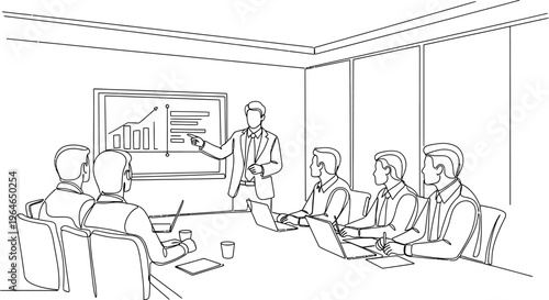 Continuous line drawing of a business meeting presentation with charts and graphs