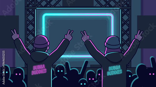 Two 'Bubba Buddies' in a crowd from behind, raising peace signs towards a vibrant neon-lit stage, embodying joyful camaraderie in a flat design vector illustration.