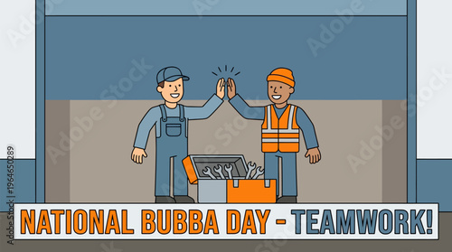 Happy male technicians high-fiving over a toolbox, demonstrating collaboration and symbolizing strong teamwork, vibrant flat outline cartoon graphic, full-body character illustration.