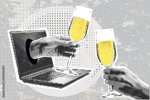 hands with champagne glasses via laptop new year celebration retro pop art style halftone effect collage element for mixed media dotted texture vintage magazine grunge punk object
