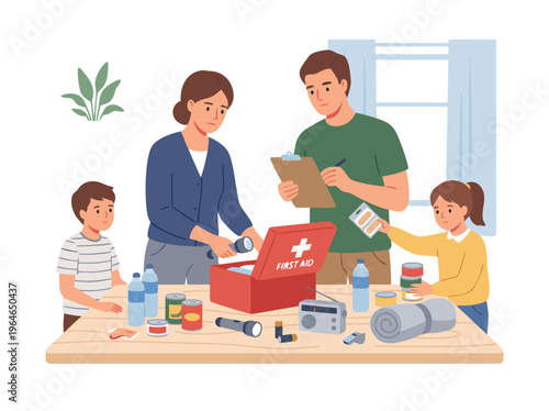 Family Preparing Emergency Preparedness Kit Together.