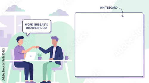 Two men fist bumping at a desk, signifying brotherhood and teamwork. Flat vector illustration with pastel colors and a large whiteboard copy space.