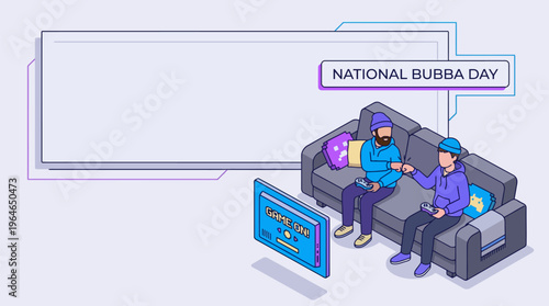 Two men playing video games, fist-bumping on sofa, embodying brotherhood and casual leisure. Isometric flat design with vibrant outline art and ample copy space.