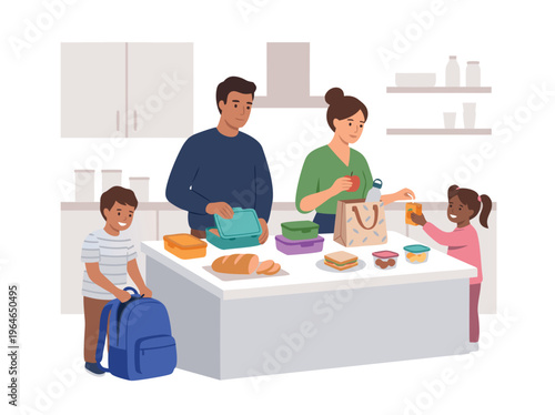 Family preparing lunchboxes for school in the kitchen.