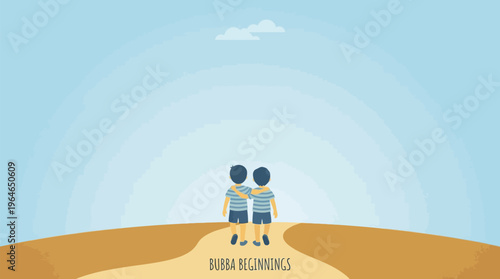Two brothers walking arm-in-arm on a winding path, symbolizing brotherhood, friendship, and life's journey. Minimalist vector illustration in warm earthy tones, full length with sky copy space.