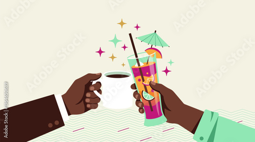 Close-up of diverse hands toasting, juxtaposing a coffee mug with a festive fruit cocktail, representing a joyful transition from work to leisure in a vibrant flat vector illustration.