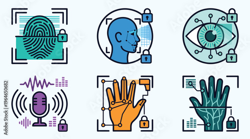 Biometric identification technology set showcasing fingerprint scanning and facial recognition systems