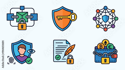 Global data protection and cryptocurrency security management illustrated in flat vector style