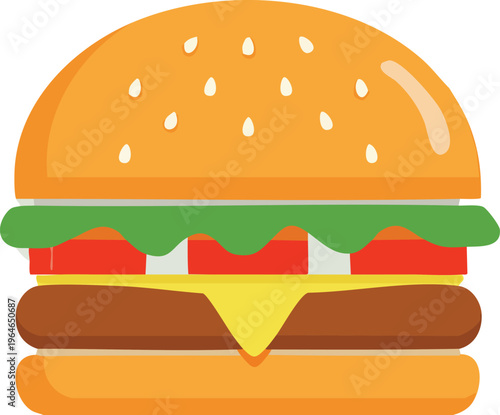 A delicious, colorful illustration of a classic cheeseburger with sesame seeds on a golden bun, featuring fresh lettuce, ripe tomatoes, and melted cheese