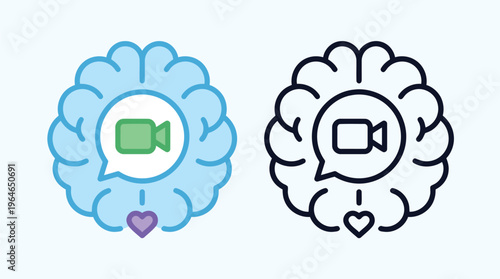 Mindful video communication and mental health psychology logo symbols with brain and camera elements