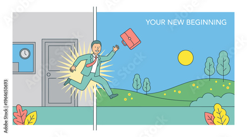 Joyful businessman leaping from a sterile office into a bright, natural landscape with sun and trees, briefcase in hand, symbolizing freedom and a new beginning in a vibrant flat line art split scene.