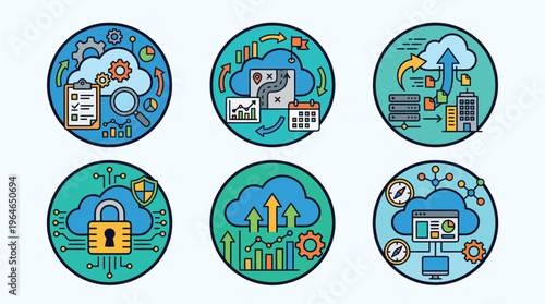 Cloud computing infrastructure and business data analysis icons for corporate technology progress