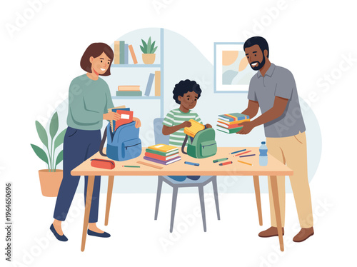 Family preparing for school with books and backpacks.