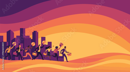 Diverse business people rushing from city buildings with leisure items, celebrating freedom & work-life balance, in a flat vector sunset gradient, horizontal with copy space.
