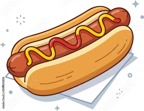 Delicious hot dog with ketchup and mustard on a bun, classic American fast food illustration