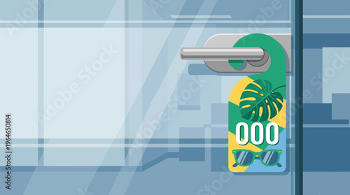 Office door handle with a tropical out-of-office hanger showing "000" and sunglasses, symbolizing an early escape to leisure in flat vector art with vibrant colors, featuring copy space.