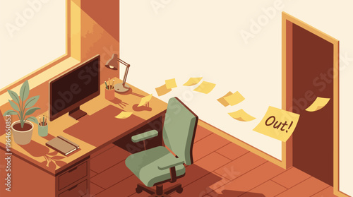 Vacant office workstation with papers flying towards an open door, signifying early departure and freedom, rendered in a warm, isometric flat vector illustration.