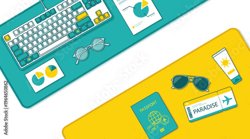 Office desk with keyboard, charts, and glasses contrasted by travel gear: passport, ticket, sunglasses, sunscreen on a diagonal split surface, symbolizing early escape, vacation in flat vector, teal.