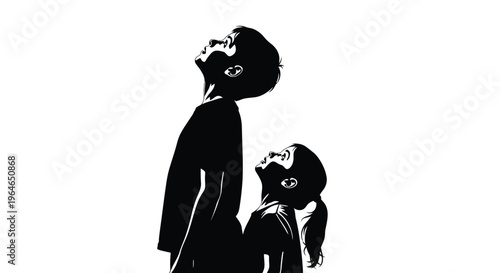 A monochrome vector graphic illustration depicting two children, a boy and a girl, looking upwards with hope and curiosity.