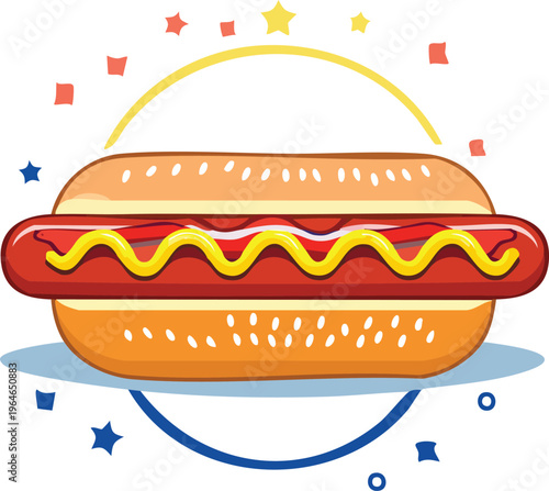 Classic American Hot Dog with Mustard and Ketchup in a Bun, Celebratory Design