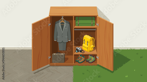 Open wardrobe showing business suit & briefcase next to adventure backpack, camera, hiking boots. Represents freedom, leisure, work-life balance. Flat vector illustration, vibrant, full shot.