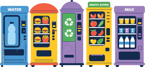 A vending machine illustration with various food and drink options available