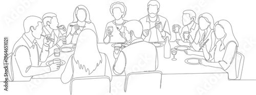Continuous line drawing of a diverse group of people dining and socializing at a table