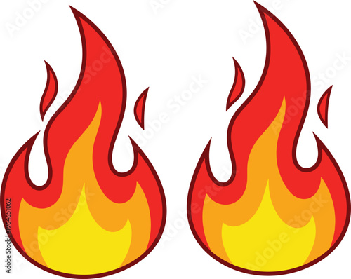 Vector illustration set of stylized fire flame icons featuring vibrant red orange and yellow colors for campfire heat energy and warning sign graphic design projects.