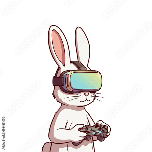 A cute cartoon white rabbit wearing a virtual reality headset and holding a video game controller, enjoying immersive digital entertainment.