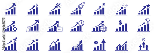 Growth icon set. Containing performance, gain, improvement, grow, chart, increase, evolution and development icons.