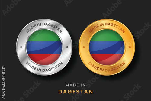 Circular gold and silver labels with the Dagestan flag. High-quality "Made in Dagestan" emblems for regional products, exports, and manufacturing origin certification