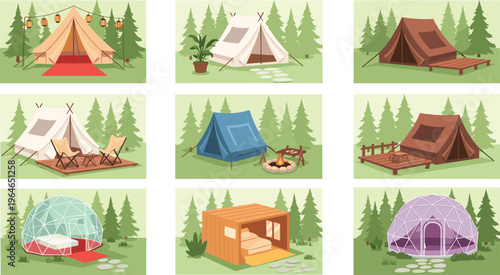Camping Tent and Glamping Shelter Vector Set with Forest Campsite Scenes, Cabins and Dome Tents for Outdoor Travel, Adventure and Nature Illustration Design