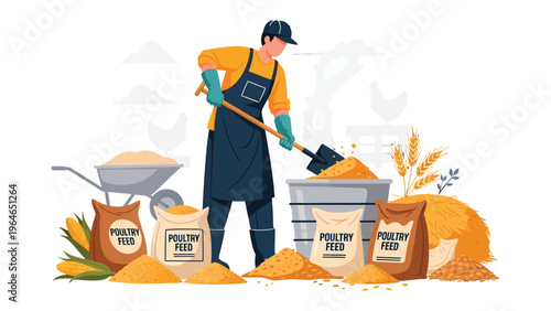 Farmer Preparing Poultry Feed: A dedicated farmer, dressed in overalls and gloves, is shown diligently mixing poultry feed with a shovel. The scene includes bags of feed, fresh corn, and a cart.