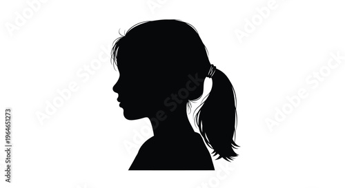 Striking black vector silhouette illustration of a young girl's profile with her hair pulled into a neat ponytail