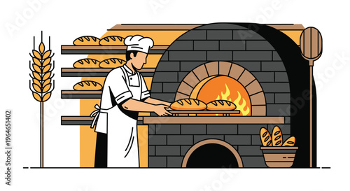Illustration of a baker putting bread in a brick oven with shelves of bread and wheat, Generative AI.