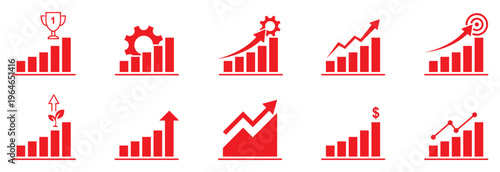 Growth icon set. Containing performance, gain, improvement, grow, chart, increase, evolution and development icons.