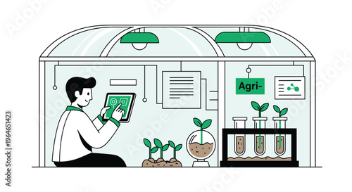 A man in a lab using a tablet to monitor plants growing in a controlled environment with a sign that says agri, Generative AI.