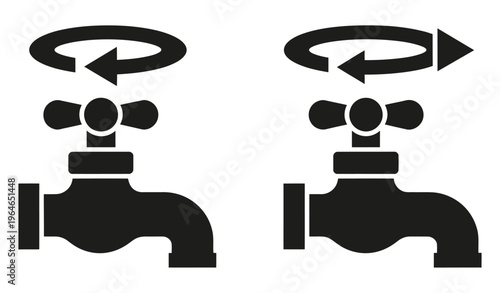 Bundle set isolated pictogram of water faucet with clockwise and anticlockwise rotation arrows, plumbing control symbol