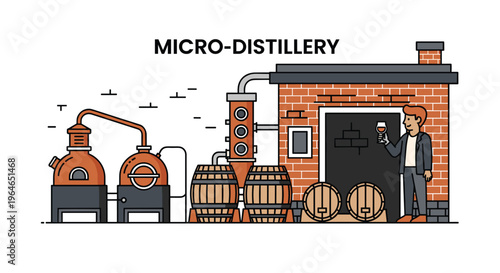 A man holding a glass of whiskey stands outside a microdistillery with copper stills and wooden barrels, Generative AI.
