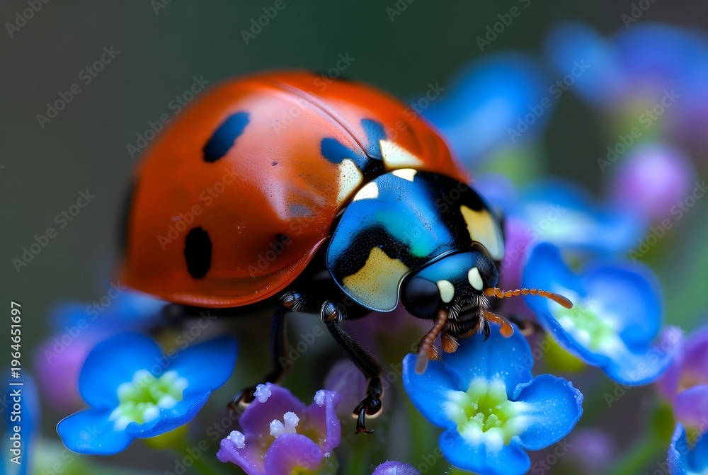 Obraz premium Macro Close-Up of a Red Ladybug on a Blue Flowers