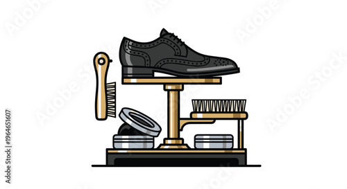 Vector illustration of a black leather dress shoe on a shoe shine stand with polish and brushes, Generative AI.