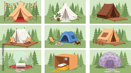 Camping Tent Vector Set with Different Outdoor Shelters, Glamping Domes, Cabins and Campsite Scenes for Travel, Adventure and Nature Illustration Design