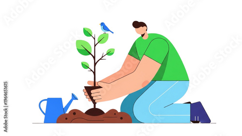 Gardening Illustration Man Planting a Small Tree with a Bird and Watering Can