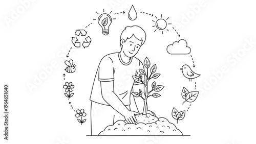 Young person planting a tree surrounded by icons representing nature and sustainability