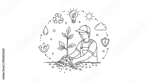 Sustainable planting person nurturing a seedling with eco-friendly icons